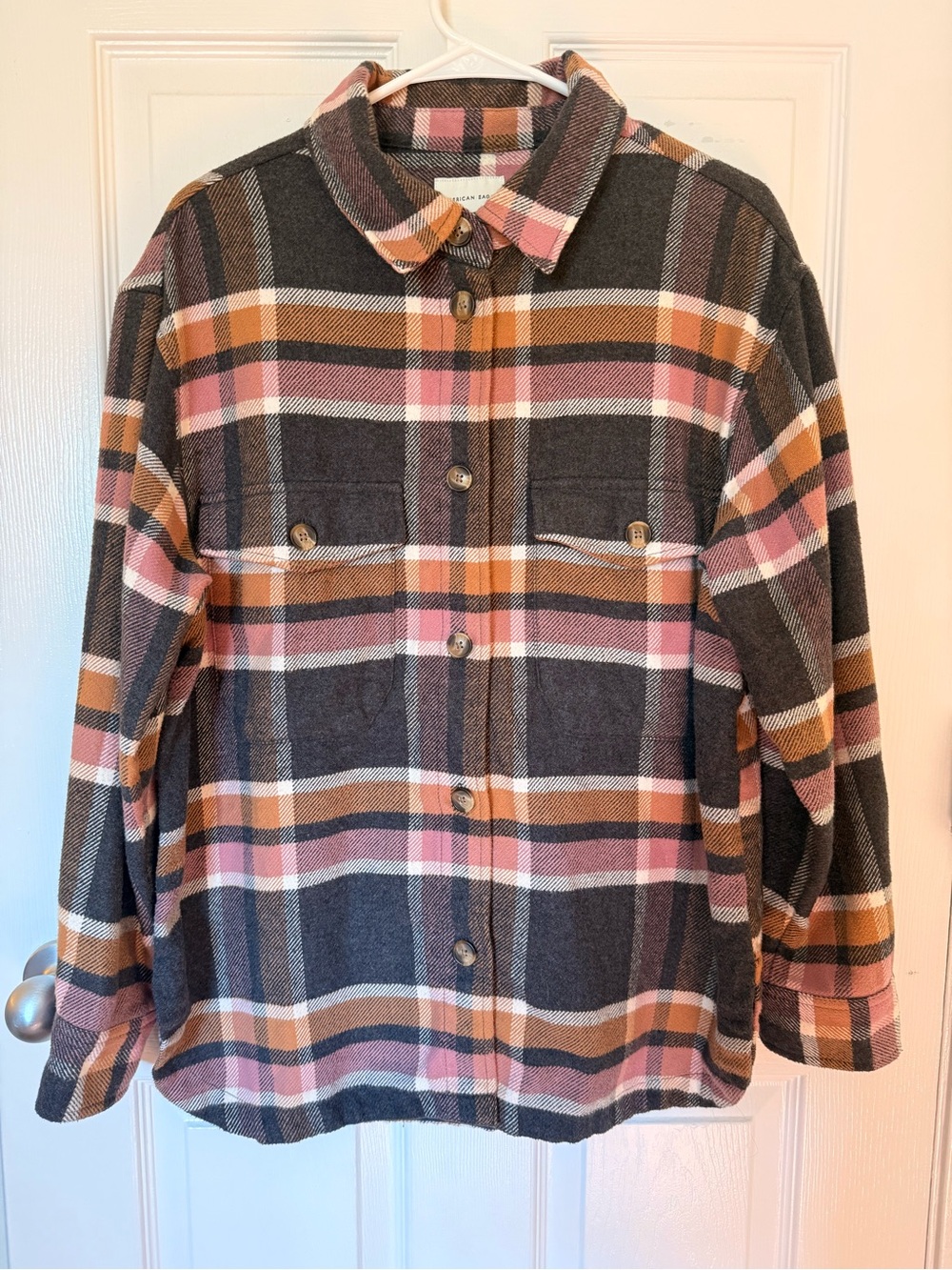 American Eagle Plaid Flannel Shacket | Pink Orange Charcoal | Jacket | NWOT